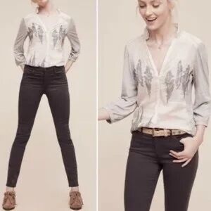 Anthropologie Tiny Savannah Top Feather Embroidered Womens 3/4 Sleeve Small Silk